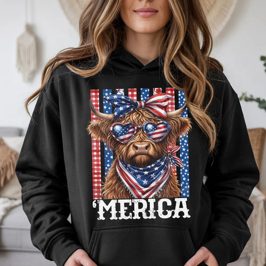 Highland Cow 4th of July Hoodie | Funny Merica Cow with Flag Glasses | Soft Cotton Tee | Independence Day Patriotic Gift for Men Women