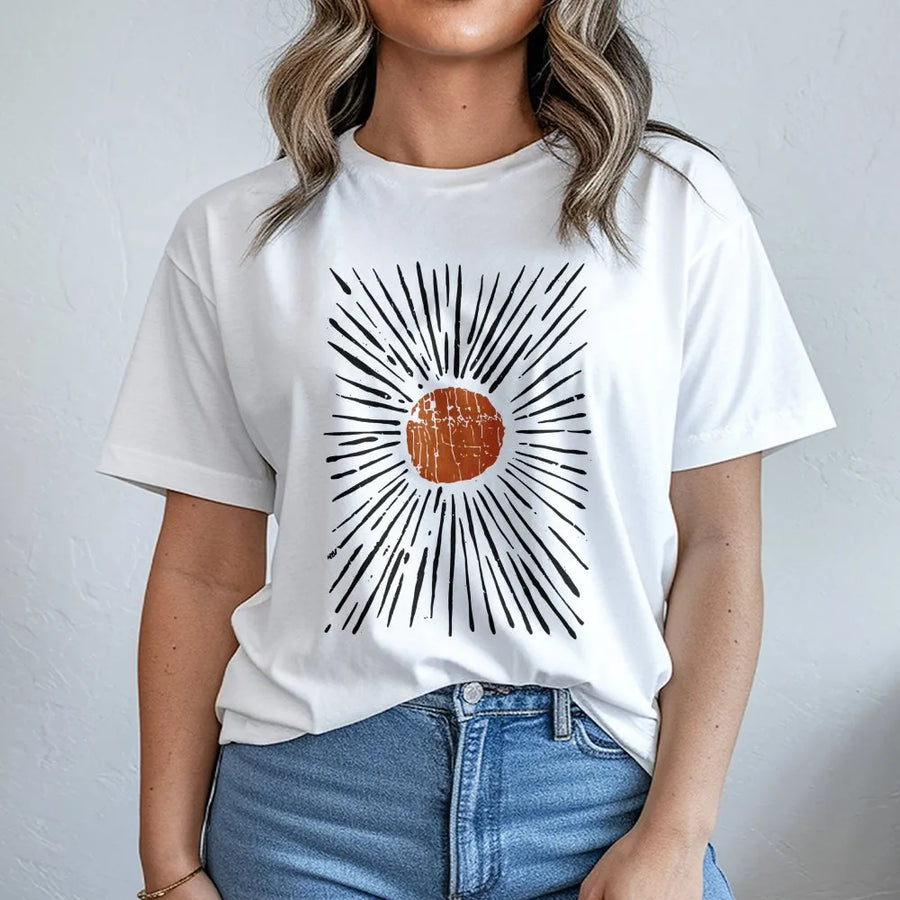 Sunburst Graphic T-Shirt | Distressed Retro Solar Design | Premium 100% Cotton Tee | Bohemian Aesthetic Gift for Men and Women