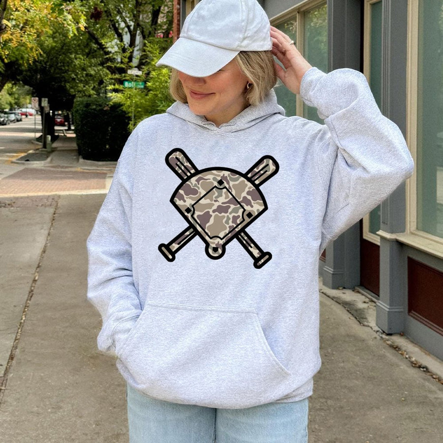 Baseball Camo Hoodie | Crossed Bats and Field Graphic | Premium Cotton Blend | Sporty Gift for Baseball Players and Fans