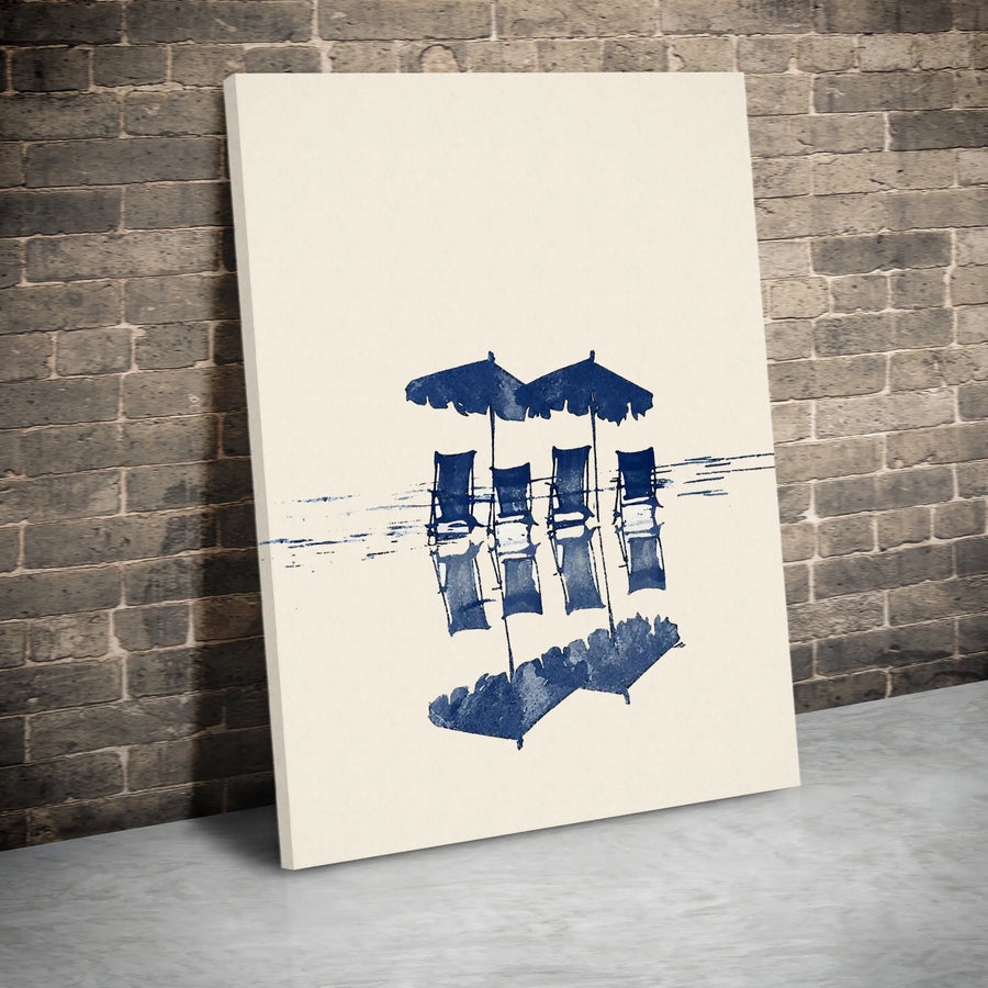 Coastal Beach Art Canvas | Blue Umbrella and Chair Reflection | Gallery Wrapped Premium Wall Decor | Relaxing Seascape Print for Home Office