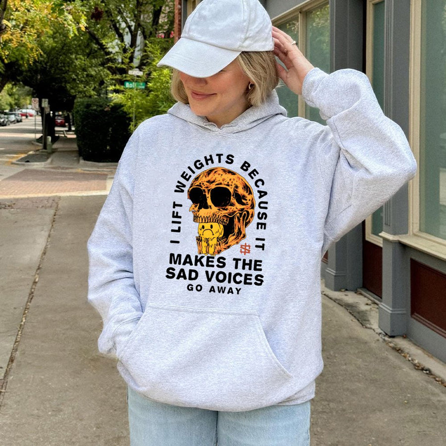 I Lift Weights Because It Makes The Sad Voices Go Away Hoodie | Funny Gym Skull Graphic | Premium Cotton Blend | Gift For Fitness Lovers & Lifters
