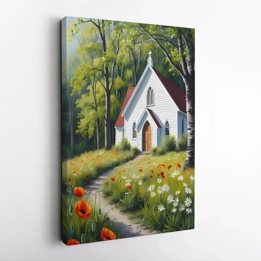 Country Church Canvas Wall Art | Serene Woodland Chapel Painting with Poppies | Premium Gallery Wrapped Canvas | Christian Home Decor Gift