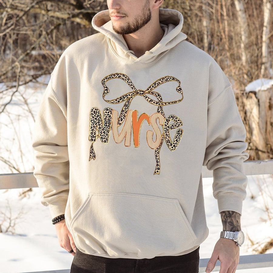 Nurse Hoodie | Leopard Bow Aesthetic Graphic Print | Cotton Blend Premium Sweatshirt | Gift for Nurses and Nursing Students