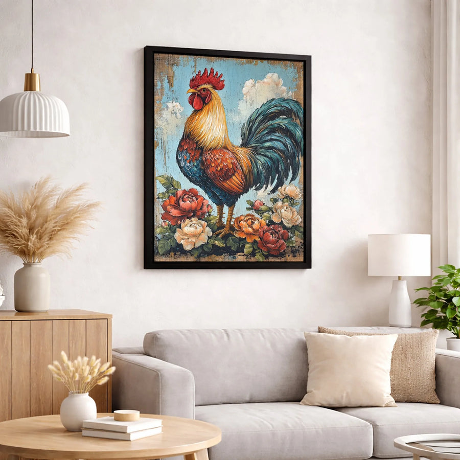 Rustic Rooster Canvas Wall Art | Farmhouse Floral Painting Print | Premium Gallery Wrapped Decor | Kitchen & Country Home Gift