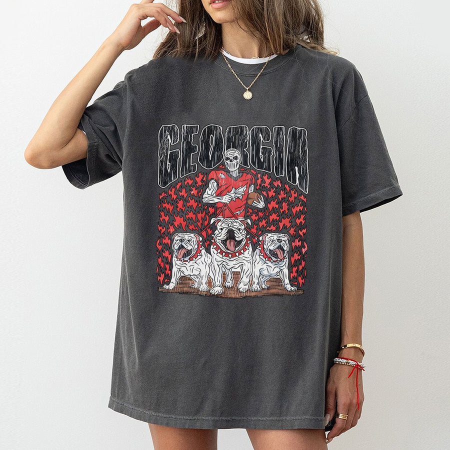 Georgia With A Skeletal Football Player Holding A Football, Three Bulldogs, And Flames T-Shirt