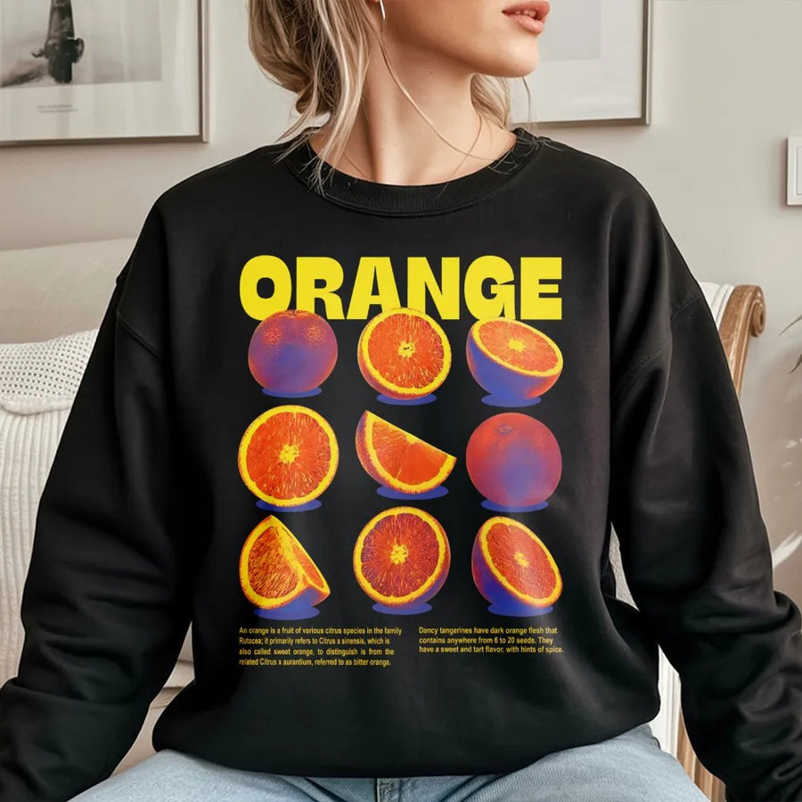 Orange Fruit Graphic Sweatshirt | Retro Botanical Citrus Print | Premium Cotton Blend Crewneck | Aesthetic Fruit Lover Gift for Men and Women