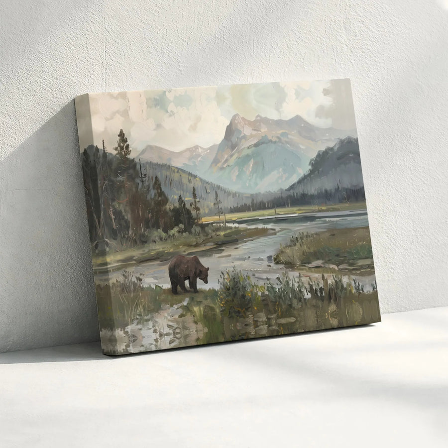 Grizzly Bear Wall Art | Mountain River Forest Landscape Canvas | Premium Gallery Wrapped Print | Rustic Lodge Cabin Decor Gift