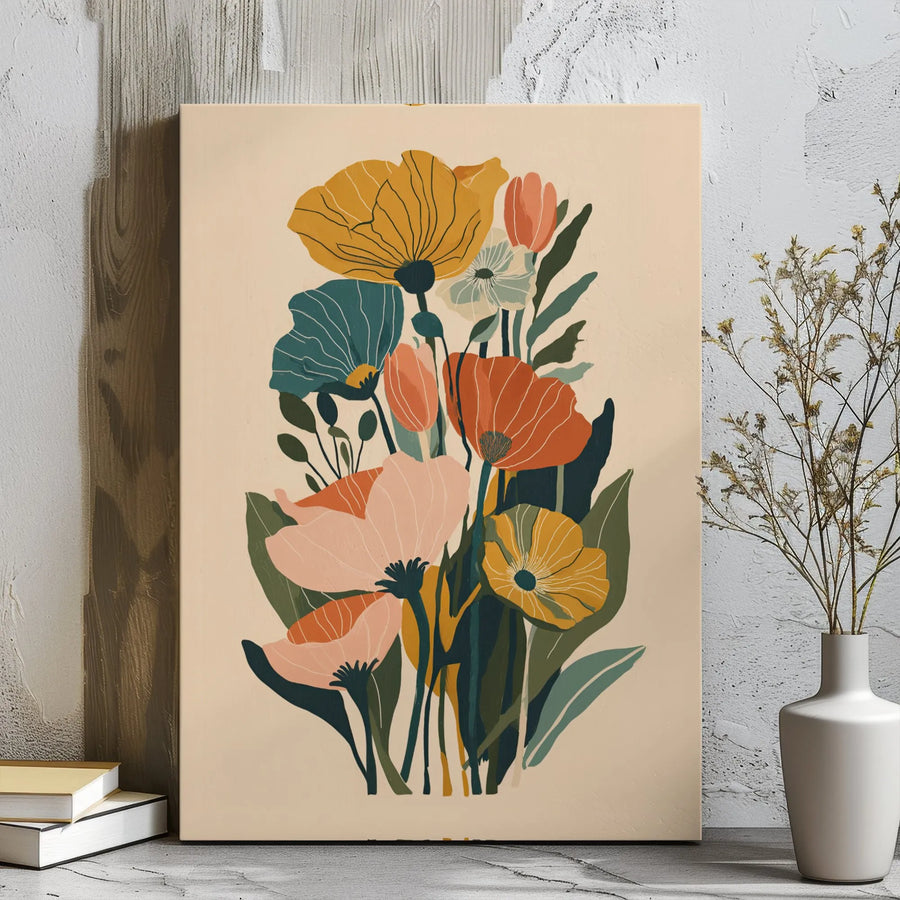 Mid-Century Modern Floral Canvas Wall Art | Abstract Poppy and Tulip Botanical Illustration | Gallery Wrapped Premium Canvas | Aesthetic Home Decor Gift