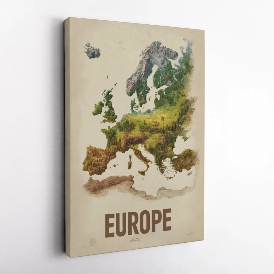 Europe Map Canvas Wall Art | Illustrated Topographical Landscape Print | Gallery Wrapped Premium Decor | Gift for Travel Lovers and Geographers