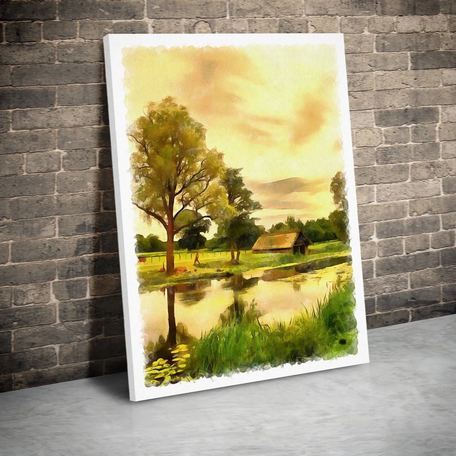 Countryside Landscape Canvas Wall Art | Rustic Barn and Pond Scene | 1.25 Inch Gallery Wrap | Premium Home Decor Gift
