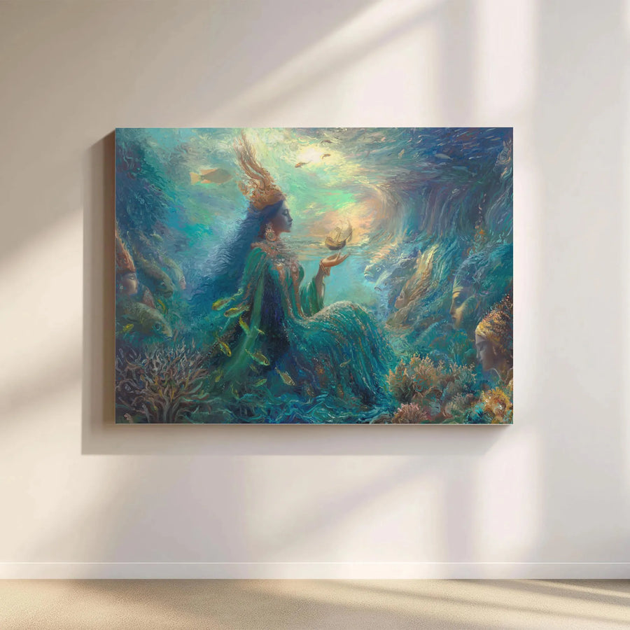 Mythical Sea Goddess Horizontal Canvas | Ethereal Underwater Ocean Queen Art Print | Premium 1.25” Gallery Wrap Frameless Wall Art | Mystical Fantasy Home Decor Gift