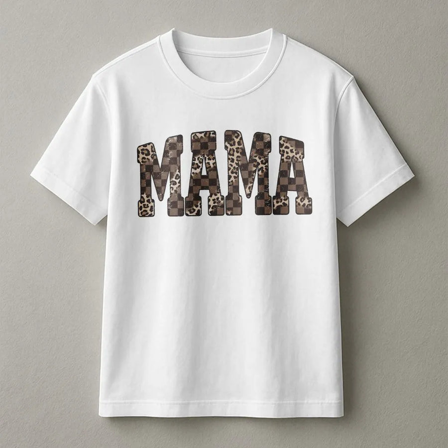 Mama Graphic T-Shirt | Leopard Print Checkered Letters | 100% Soft Cotton Tee | Trendy Mother's Day 2026 Gift for Mom
