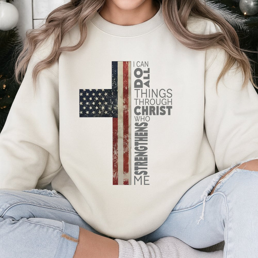 Christian American Flag Sweatshirt | I Can Do All Things Through Christ Cross Design | Premium Cotton Blend | Faith And Freedom Religious Gift