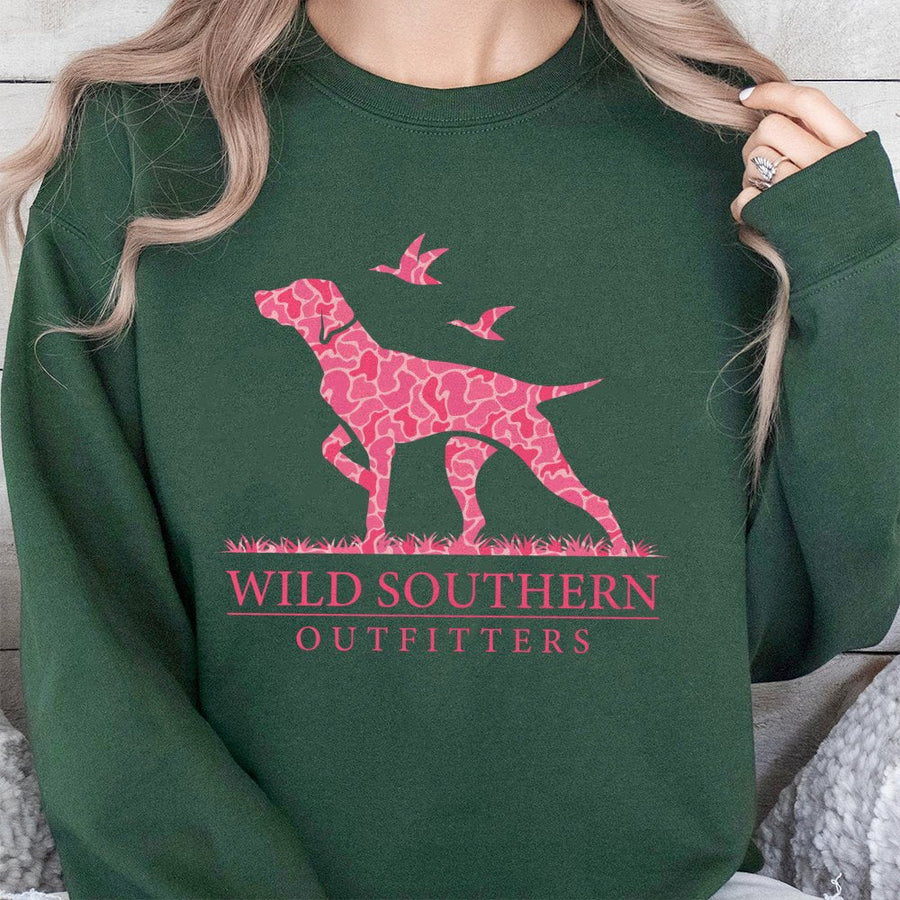 Hunting Dog Sweatshirt | Pink Camo Pointer Bird Hunting Design | Premium Cotton Blend | Southern Outdoor Apparel Gift for Women and Men