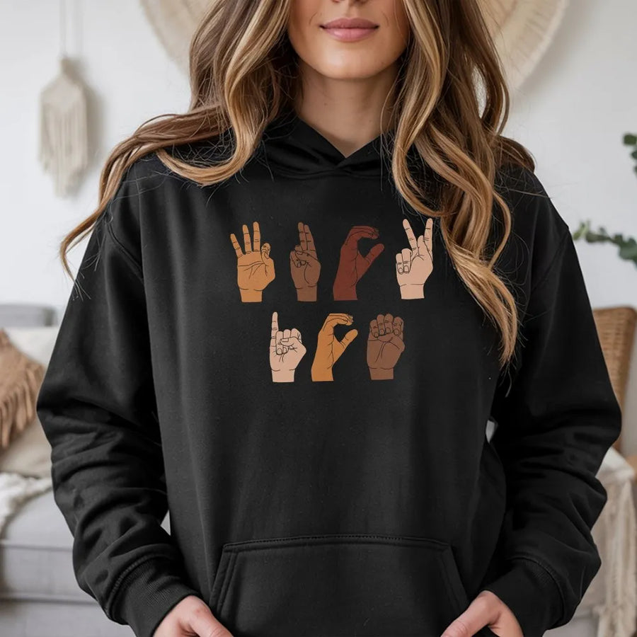 Sign Language Protest Hoodie | Activism Hand Signs Graphic Print | Premium Cotton Blend | Gift For Human Rights Advocate