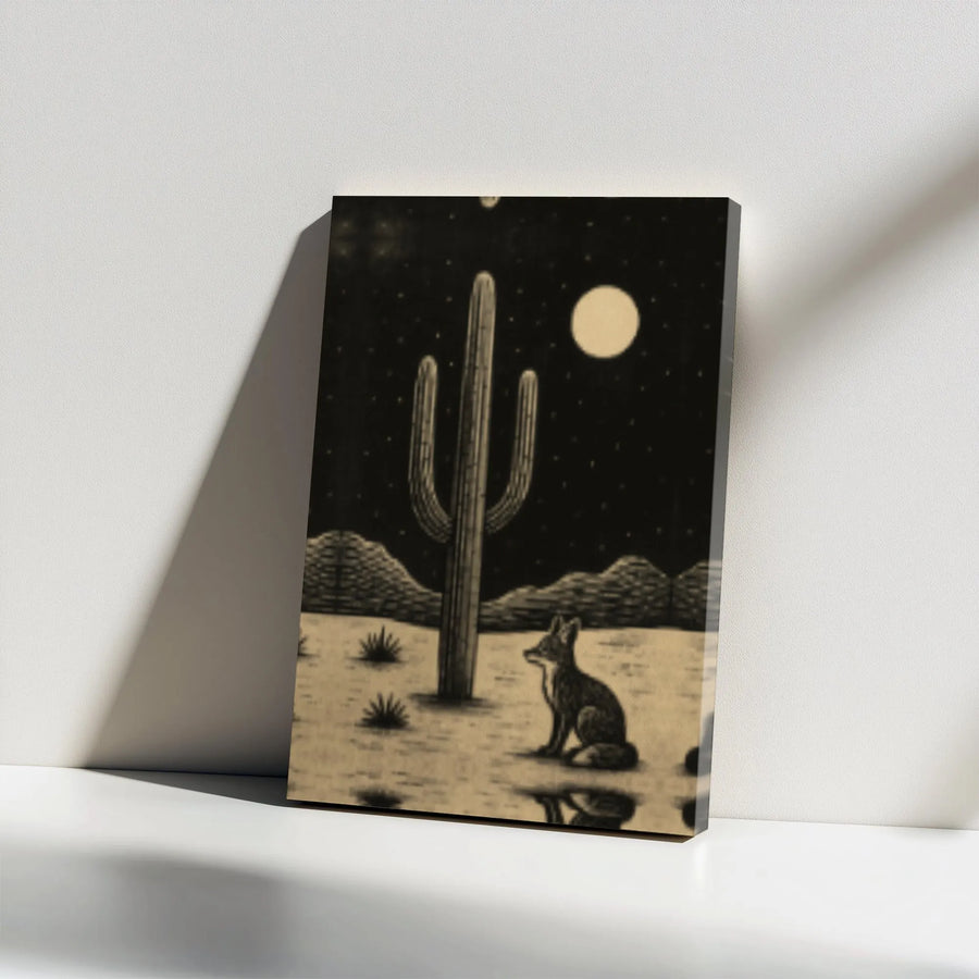 Desert Coyote Canvas Wall Art | Saguaro Cactus Moon Night Landscape | Premium Gallery Wrap Print | Southwestern Home Decor Gift
