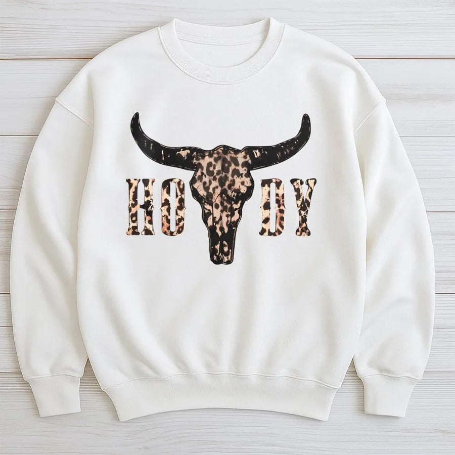 Howdy Leopard Cow Skull Sweatshirt | Western Country Graphic Print | Premium Cotton-Polyester Blend | Gift For Country Music Lovers Women