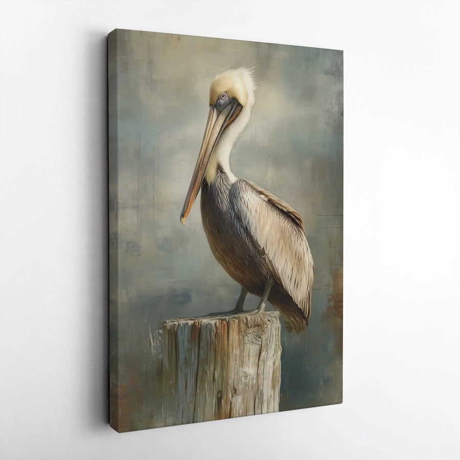 Pelican Vertical Canvas | Coastal Bird on Pier Post Painting | Premium Gallery Wrapped Wall Art | Beach House & Nautical Decor Gift