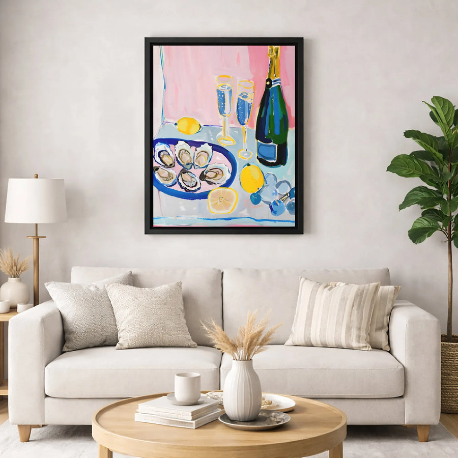 Champagne and Oysters Wall Art | Modern Still Life Kitchen Painting | Gallery-Quality Canvas Print | Chic Dining Room Decor Gift
