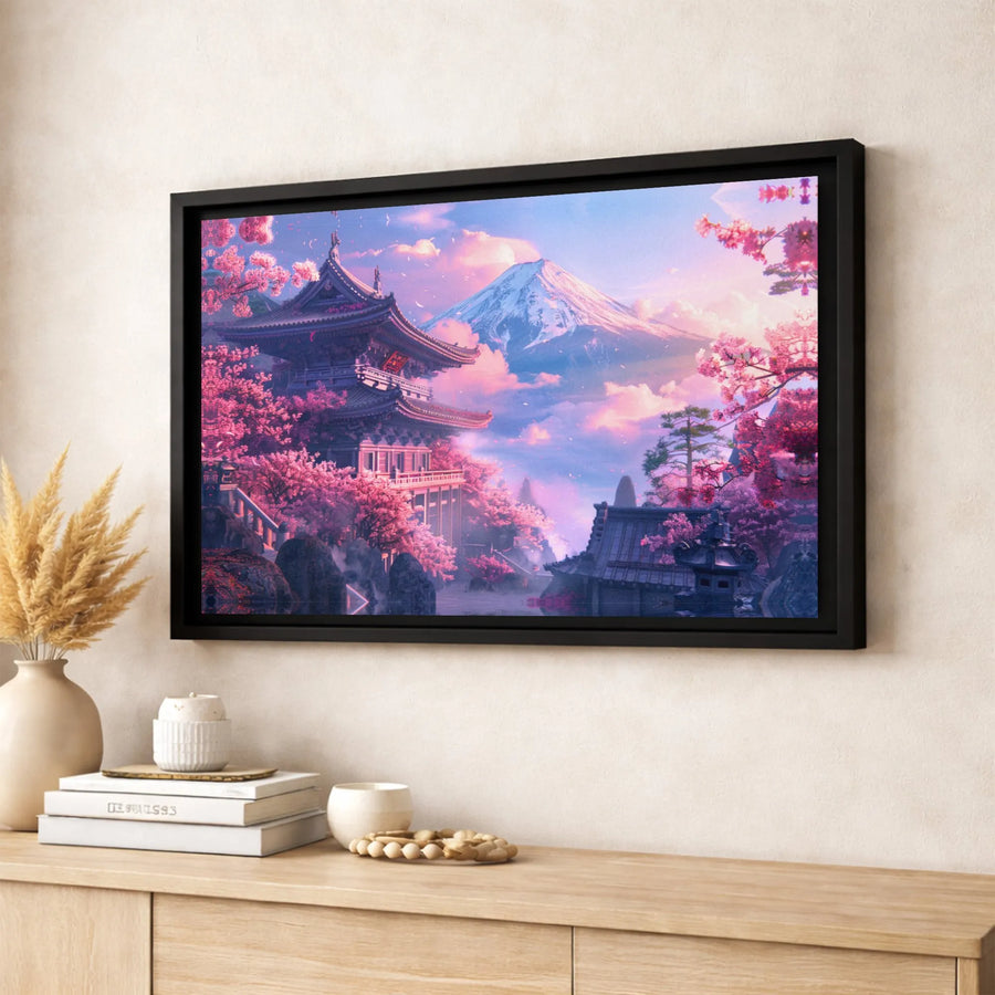 Japanese Temple Canvas Wall Art | Mount Fuji Sakura Cherry Blossom Print | Premium 1.25 Inch Gallery Wrap | Zen Home Decor Gift