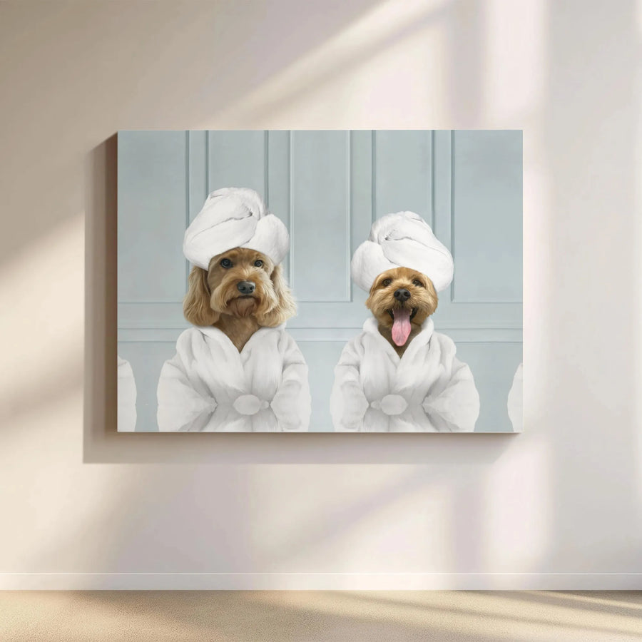 Dog Spa Wall Art | Two Dogs In Bathrobes And Towels Print | Gallery-Quality 1.25 Inch Thick Canvas | Whimsical Animal Portrait Home Decor Gift