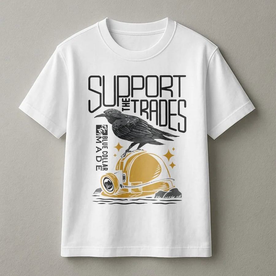 Support The Trades T-Shirt | Blue Collar Construction Hard Hat Graphic | Premium Cotton Quality | Gift For Electrician Builder Welder