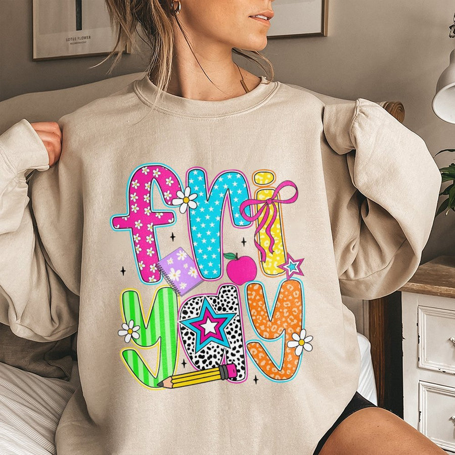 Friyay Teacher Sweatshirt | Preppy Retro School Supplies Design | Soft Cotton Blend | Cute Teacher Appreciation Gift For Women