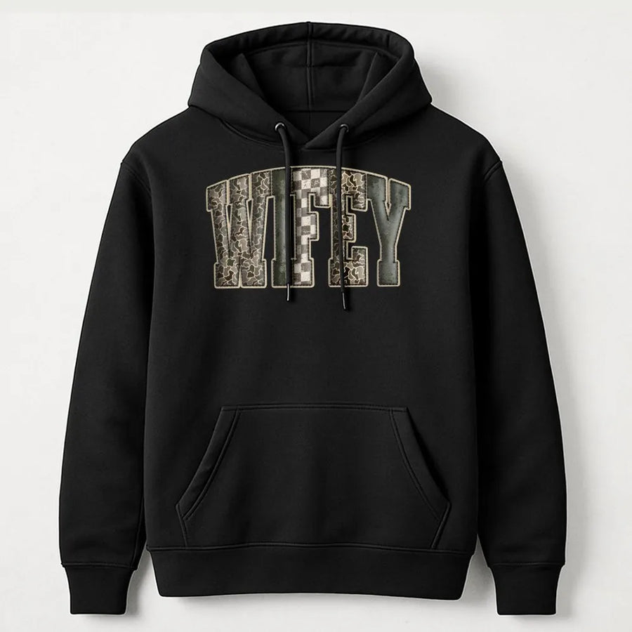 Wifey Camo Hoodie | Varsity Letter Western Design | Premium Cotton Blend | Gift For Hunting Wife Or Bride