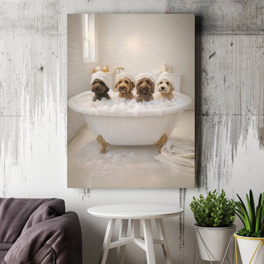 Funny Dog Wall Art Canvas | Cute Puppies in Bathtub Spa Day Print | Premium Gallery Wrap Canvas | Humorous Bathroom Decor Gift for Dog Lovers