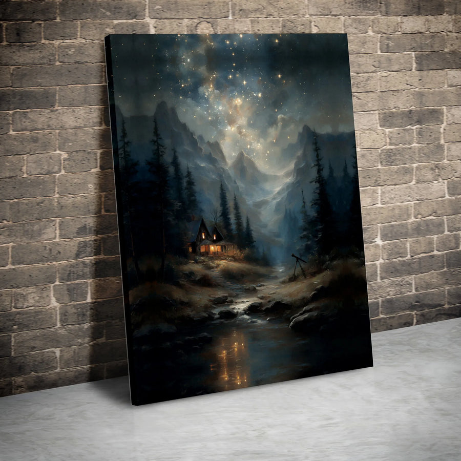 Starry Night Mountain Cabin Canvas | Stargazing Retreat Art | Premium Gallery Canvas | Rustic Home & Office Decor Gift