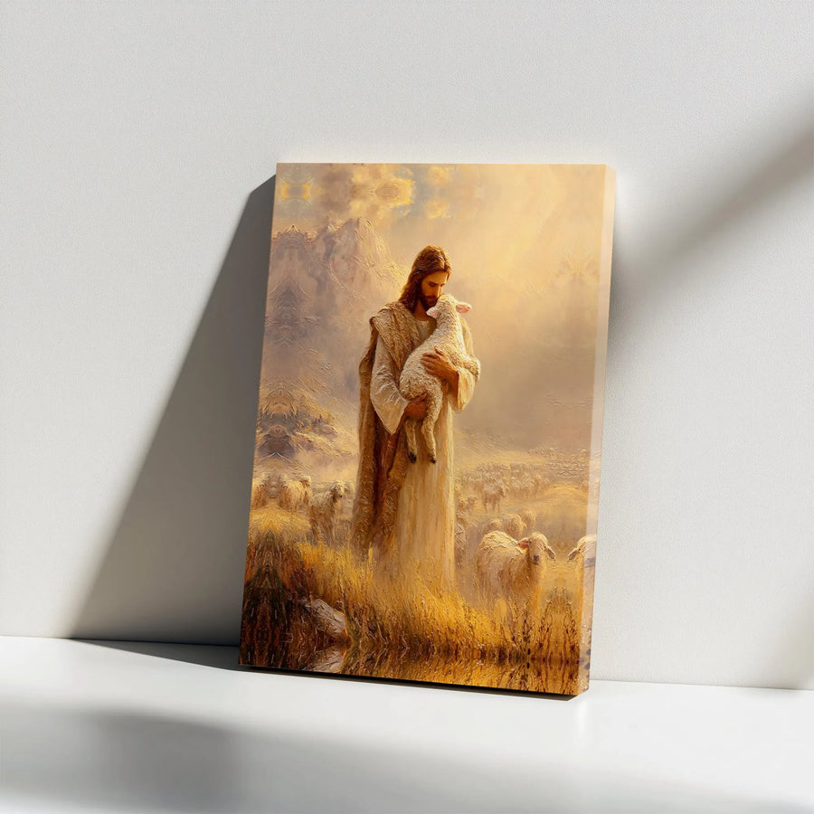 Jesus The Good Shepherd Canvas Wall Art | Jesus Holding Lamb Painting Print | Premium Frameless Gallery Wrap | Christian Home Decor Spiritual Gift