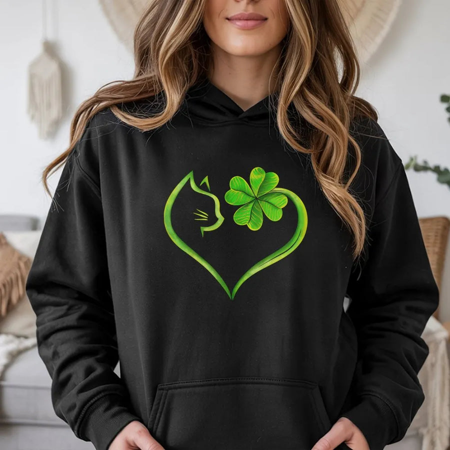 St Patricks Day Cat Hoodie | Clover Heart Graphic Design | Premium Cotton Blend | Lucky Irish Gift for Cat Lovers