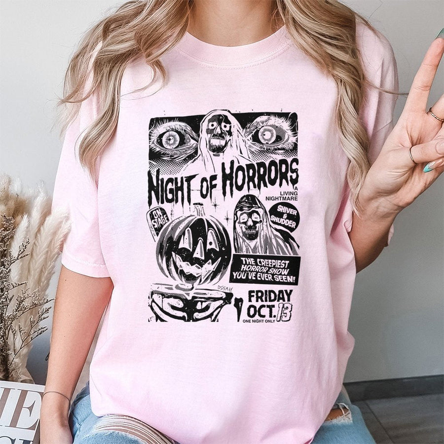 Night Of Horrors T-Shirt | Vintage Horror Movie Poster Graphic | 100% Premium Cotton | Spooky Halloween Gift for Horror Movie Fans
