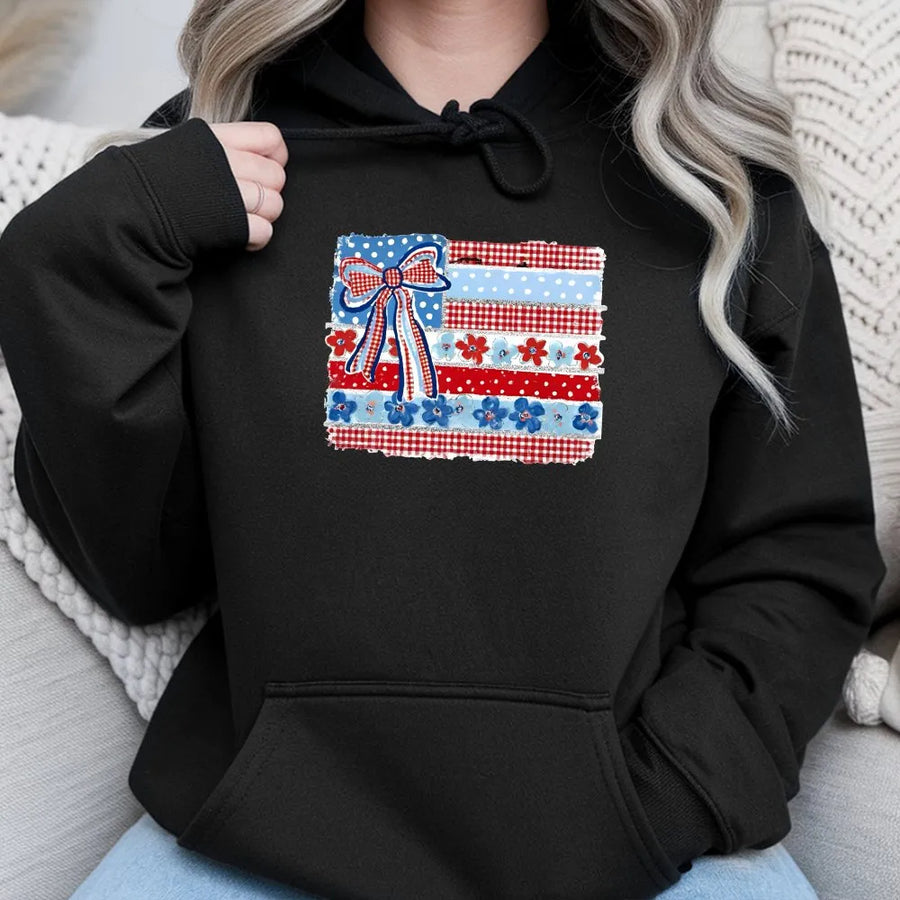 Coquette American Flag Hoodie | Patriotic Bow & Ditsy Floral USA Flag | Soft Cotton Blend Sweatshirt | 4th of July Gift for Her