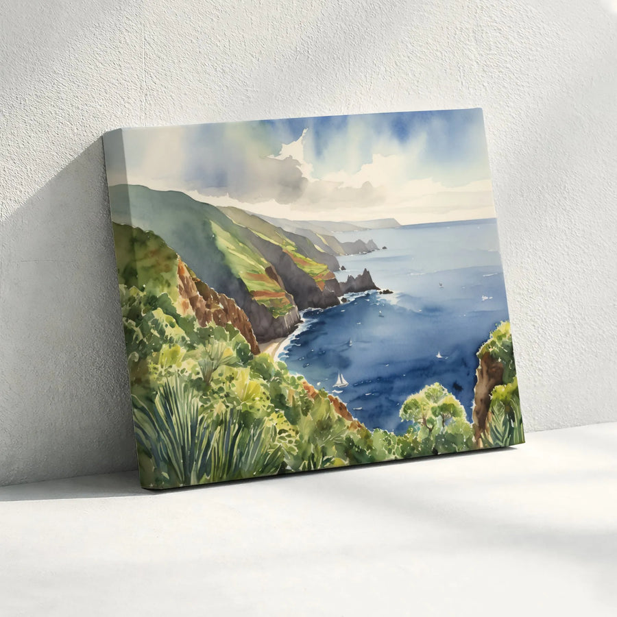 Coastal Seascape Canvas Wall Art | Watercolor Cliffside Painting Print | Premium Gallery-Quality Canvas | Beach House Living Room Decor Gift