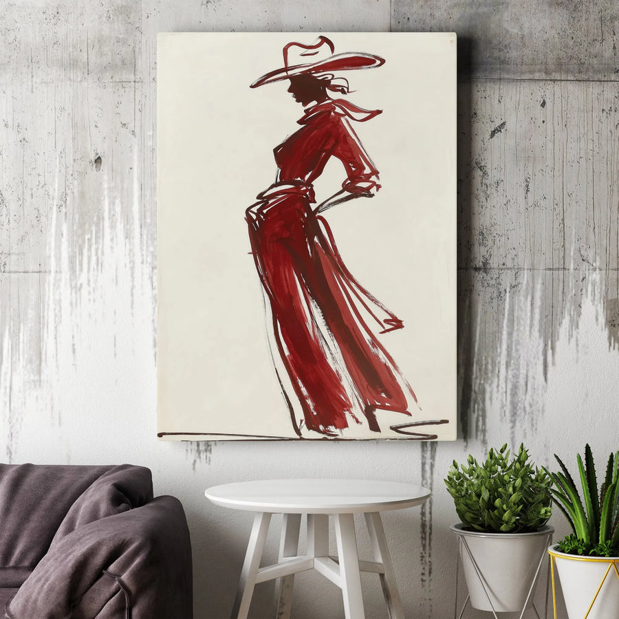 Red Dress Cowgirl Vertical Canvas | Minimalist Fashion Illustration | Premium Thick Gallery Wall Art | Southwestern Home Decor Gift