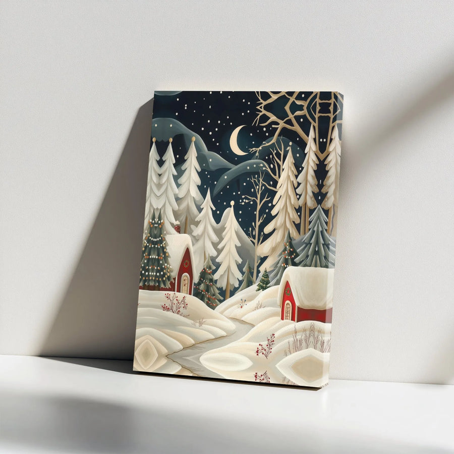 Winter Christmas Village Canvas Wall Art | Snowy Night Forest Landscape | Premium Gallery Wrap Decor | Festive Holiday Gift for Home