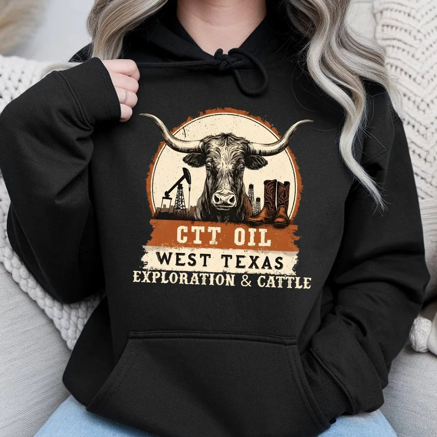 West Texas Oilfield Hoodie | Longhorn Cattle Ranch Graphic | Premium Cotton Blend | Unisex Western Workwear Gift