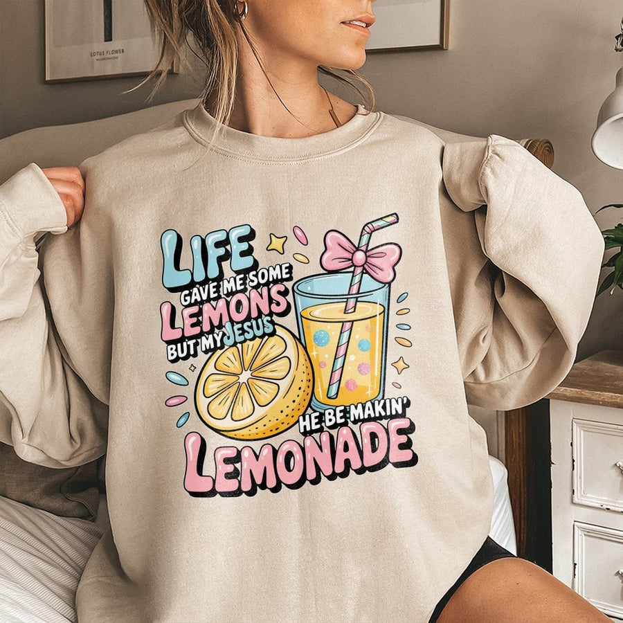 Life Gave Me Lemons But My Jesus Made Lemonade Sweatshirt | Faith Based Pastel Graphic Tee | Soft Cotton Blend | Christian Gift For Women
