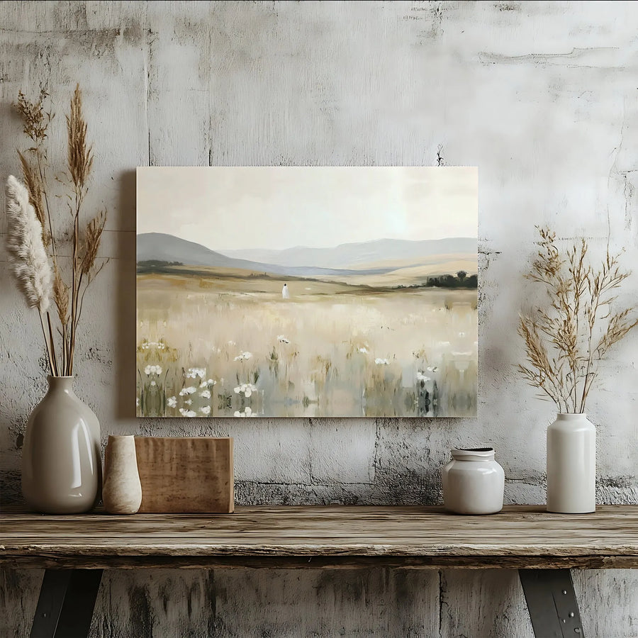 Jesus Walking in Field Landscape Canvas | Soft Neutral Meadow Wall Art | Premium Gallery Wrap Print | Serene Christian Home Decor Gift