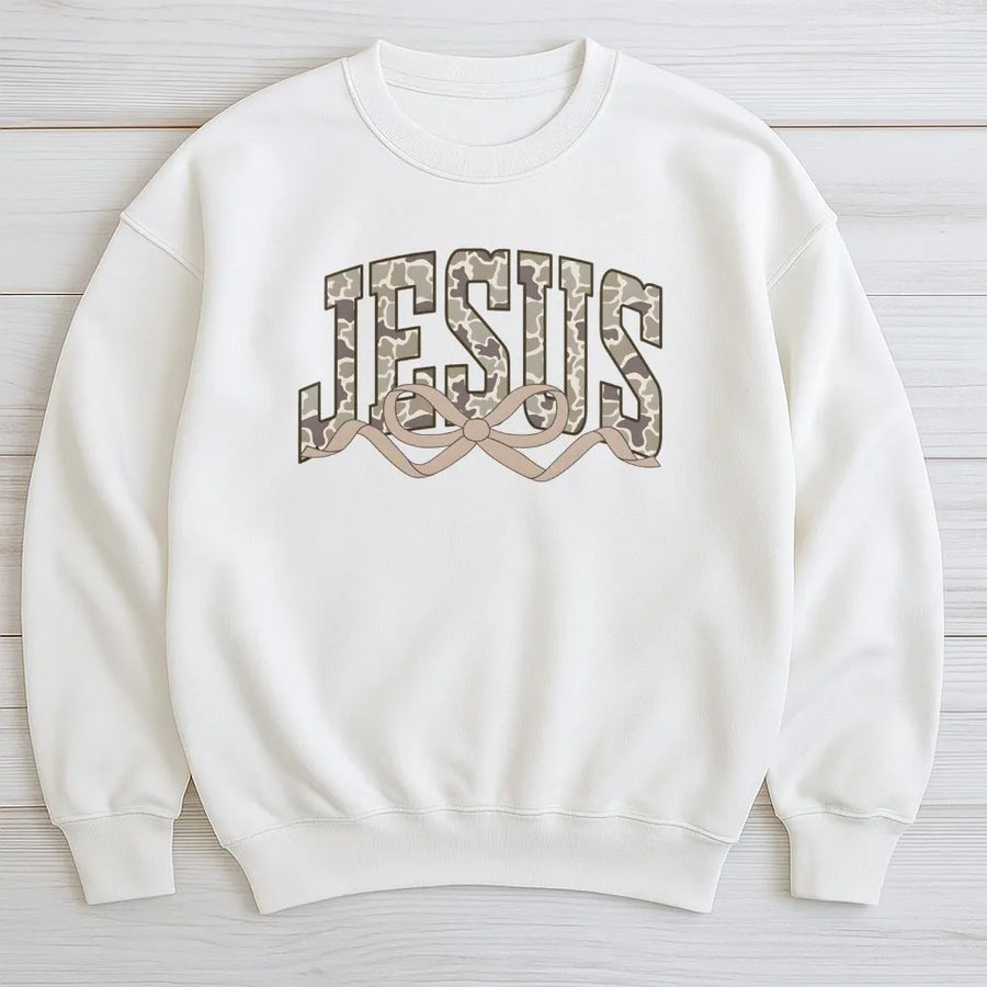 Jesus Sweatshirt | Camo Print Coquette Bow Design | Premium Cotton Blend | Christian Faith Gift for Women and Teens