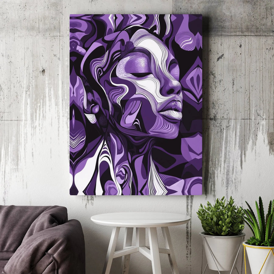 Purple Abstract Woman Canvas Wall Art | Psychedelic Facial Portrait | Premium Fade-Resistant Gallery Wrap | Modern Home Decor Gift