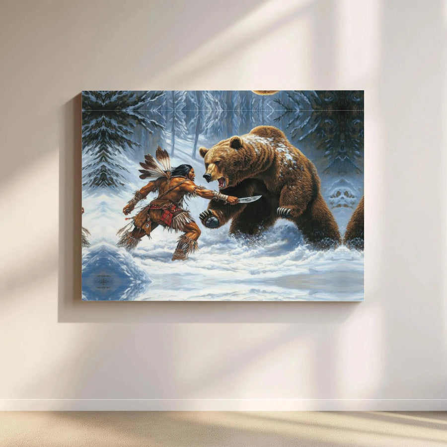 Native American Warrior Grizzly Bear Battle Horizontal Canvas | Epic Wilderness Hunt Art Print | Fade-Resistant 1.25" Gallery Wrap | Rustic Cabin Decor Gift