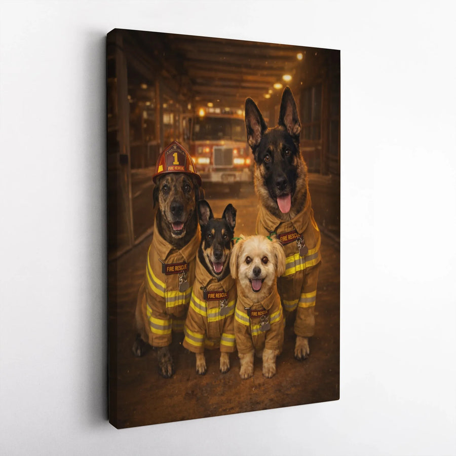 Firefighter Dogs Canvas Wall Art | Heroic Canine Rescue Team Portrait | Premium Gallery Wrapped Canvas | Gift for Firefighters & Fire Station Decor