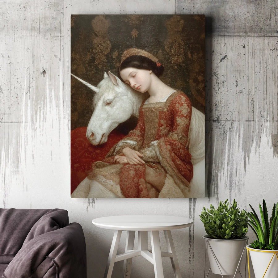 Unicorn and Maiden Canvas Wall Art | Renaissance Style Fantasy Painting | Premium Canvas Print | Collector's Gift for Fantasy Lover
