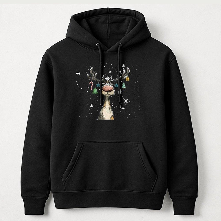 Cute Reindeer Hoodie | Funny Decorated Antlers Graphic | Premium Cotton Blend Pullover | Festive Christmas Gift for Holiday Lovers