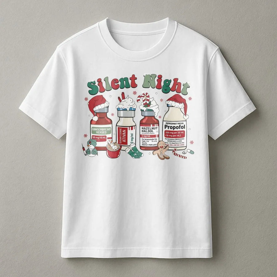 Silent Night Christmas T-Shirt | Funny Medical Scrub Design | Premium Soft Cotton | Nurse Gift for ICU RNs and Healthcare Workers