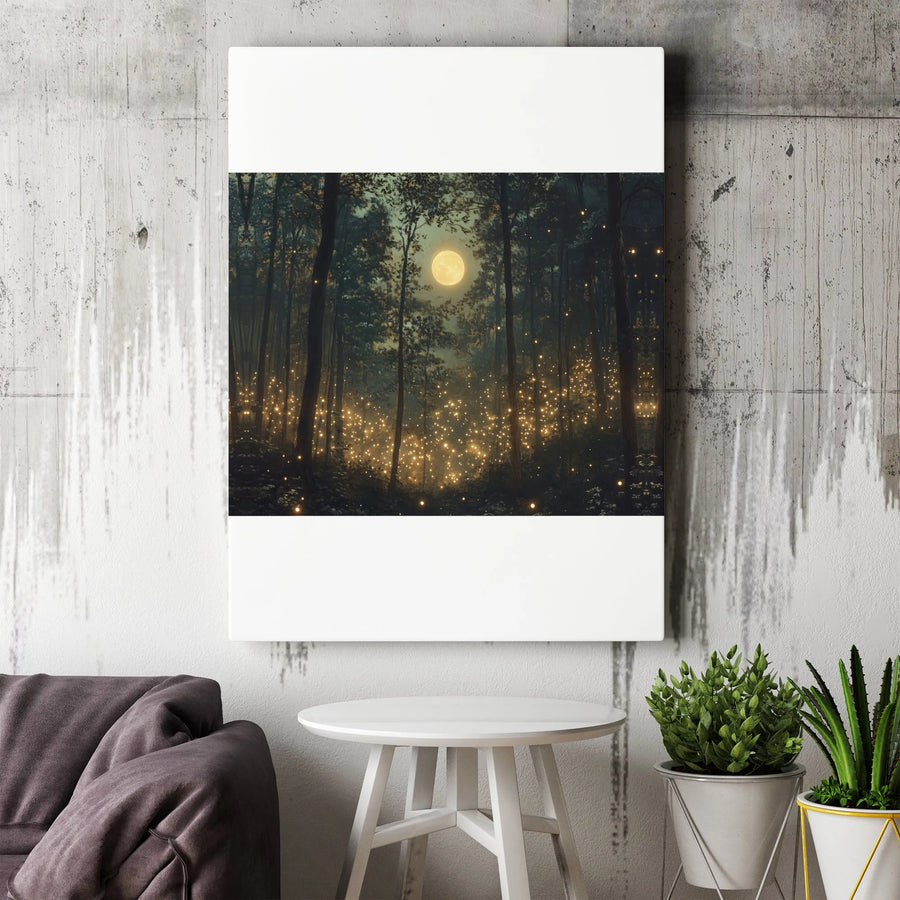 Enchanted Forest Canvas Wall Art | Glowing Fireflies and Full Moon | Gallery Wrapped Premium Print | Magical Nature Decor for Home and Office