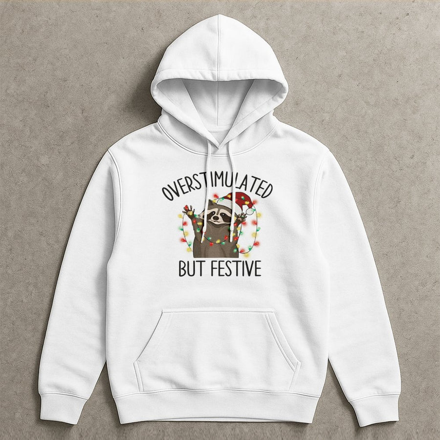 Overstimulated But Festive Raccoon Hoodie | Funny Christmas Lights Graphic | Premium Cotton Blend | Unisex Holiday Gift for Animal Lovers