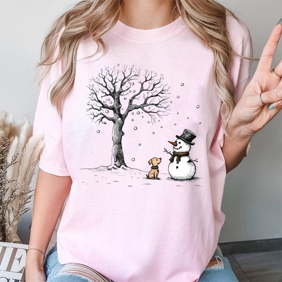 Snowman And Puppy Dog T-Shirt | Charming Winter Forest Graphic | 100% Premium Cotton Tee | Cute Christmas Holiday Gift For Dog Lovers